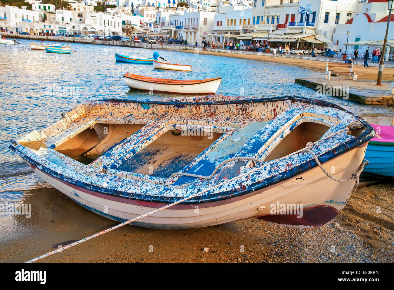 Fishing boats on a Mykonos beach. Stock Photo