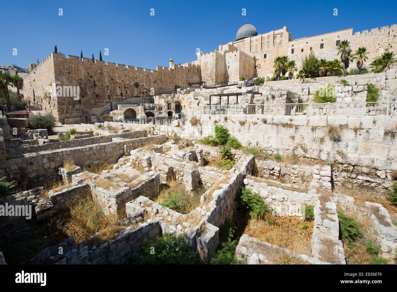 Ruins and remains in 'the ophel archaeological garden' just south of the temple mount in Jerusalem, in the city of David. Stock Photo