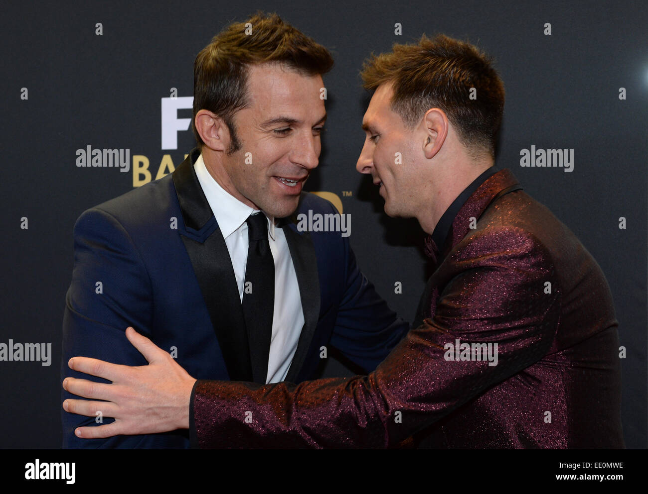 Zurich, Switzerland. 12th Jan, 2015. Former soccer player Alessandro Del Piero (L) of Italy and FC Barcelona's Lionel Messi, one of the nominees for the FIFA Ballon d'Or 2014 award, arrive at the FIFA Ballon d'Or Gala held at the Kongresshaus in Zurich, Switzerland, 12 January 2015. Photo: Patrick Seeger/dpa/Alamy Live News Stock Photo
