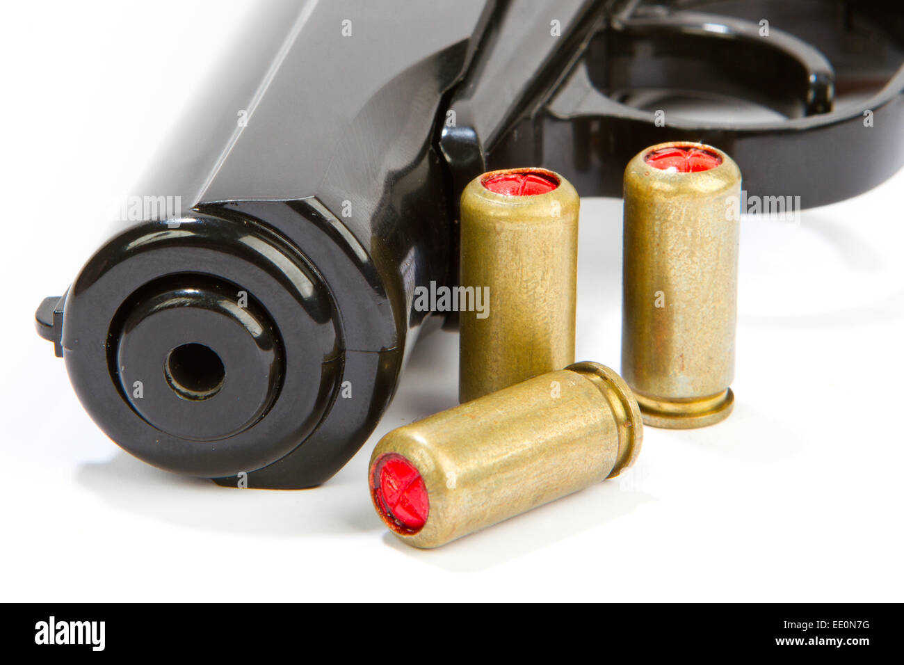 Black handgun And ammunition isolated on white pistol with ammo isolated Stock Photo