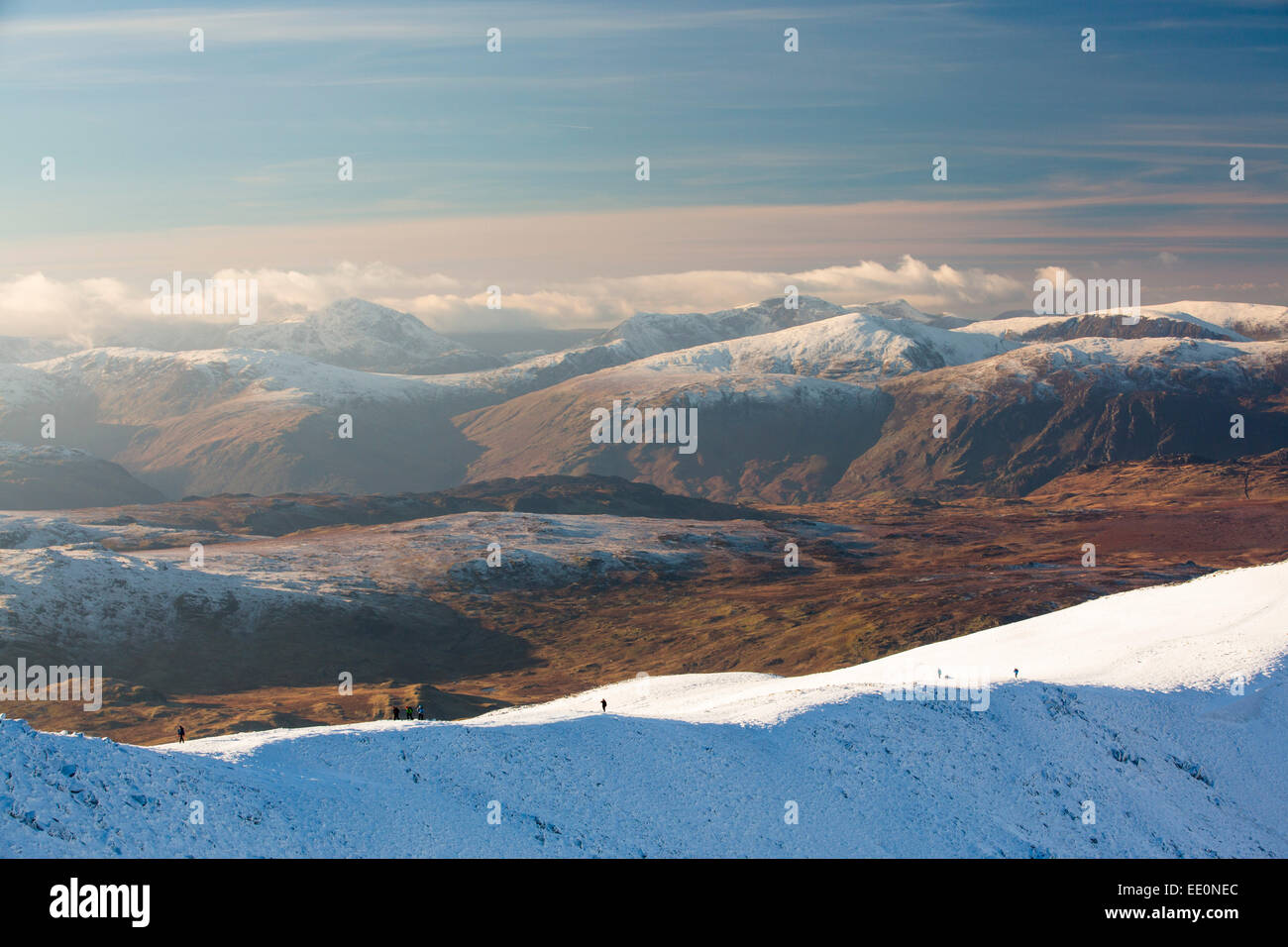 Walkers on the Helvellyn Range in winter conditions, Lake District, UK. Stock Photo