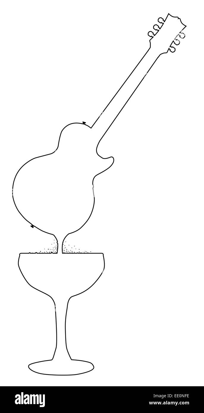 A rock guitar outline  melting down into a glass of wine. Stock Photo
