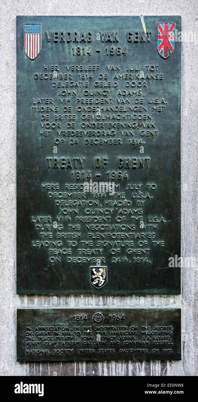 1814 Treaty of Ghent, Belgium commemorative plaque where American delegation stayed, peace treaty between USA and Great Britain Stock Photo