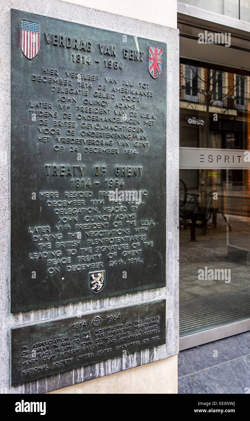 1814 Treaty of Ghent, Belgium commemorative plaque where American delegation stayed, peace treaty between USA and Great Britain Stock Photo