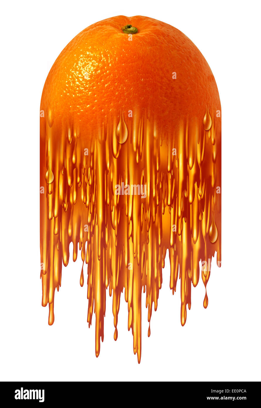 Orange juice symbol as a tropical fruit transforming into sweet liquid as a food icon for breakfast beverage or healthy nutritios food ingredient. Stock Photo