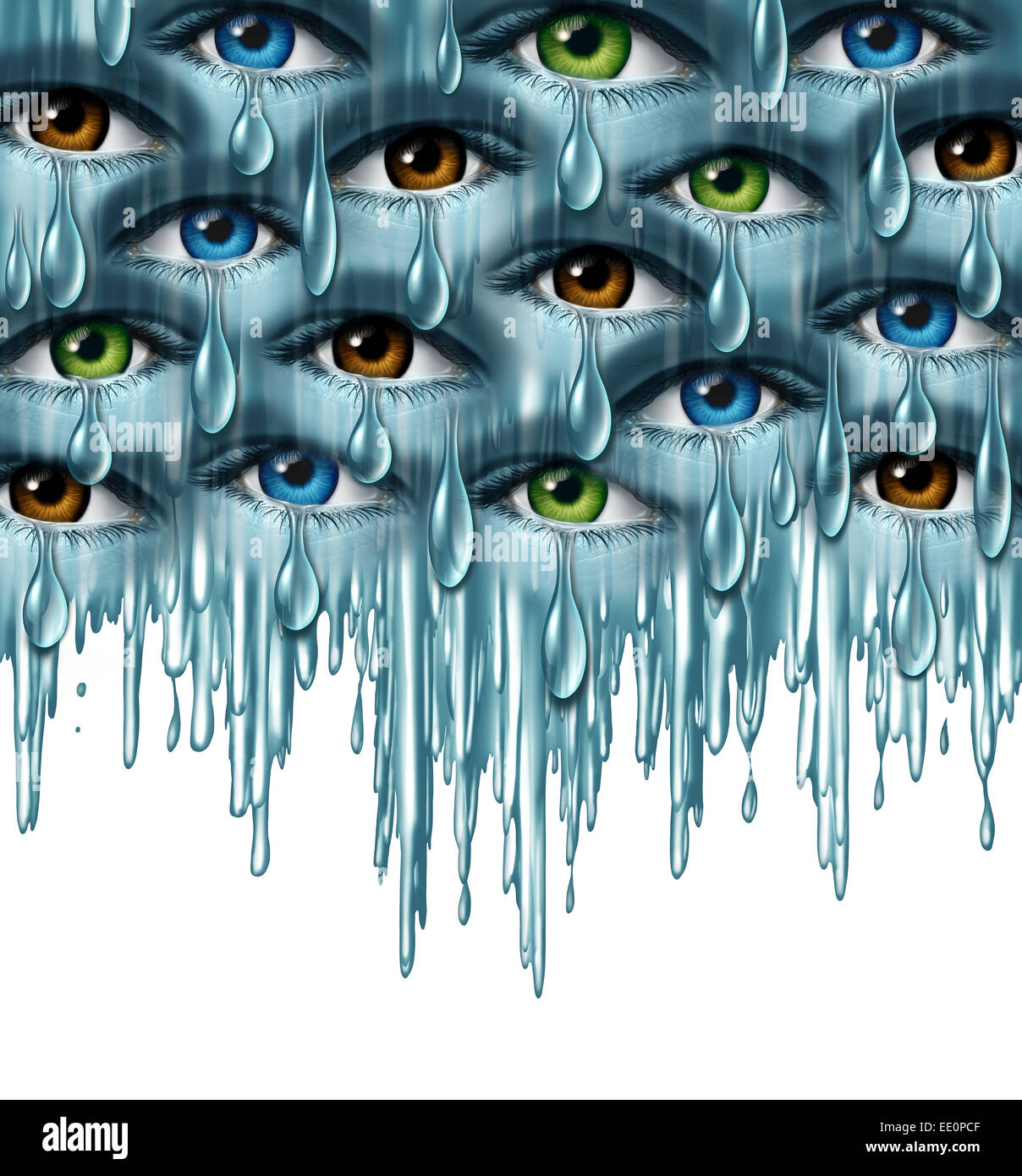 World grief and global tragedy concept as a group of human eyes crying with tears in solidarity coming together as a metaphor for community support and emotional healing. Stock Photo