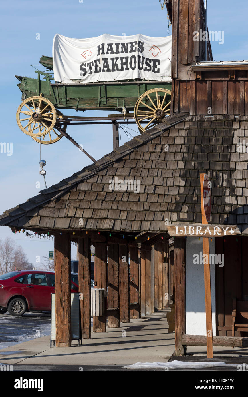 Covered wagon sign for the Haines Steakhouse in Haines, Oregon Stock