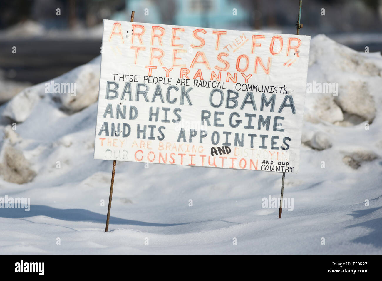 Right wing anti-Obama political signs in the yard of a house in North Powder, Oregon. Stock Photo