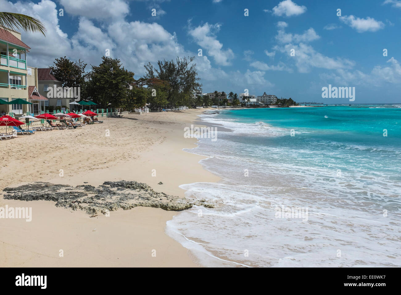 Worthing Beach on the south coast of the Caribbean island of Barbados in the West Indies. - EDITORIAL USE ONLY Stock Photo