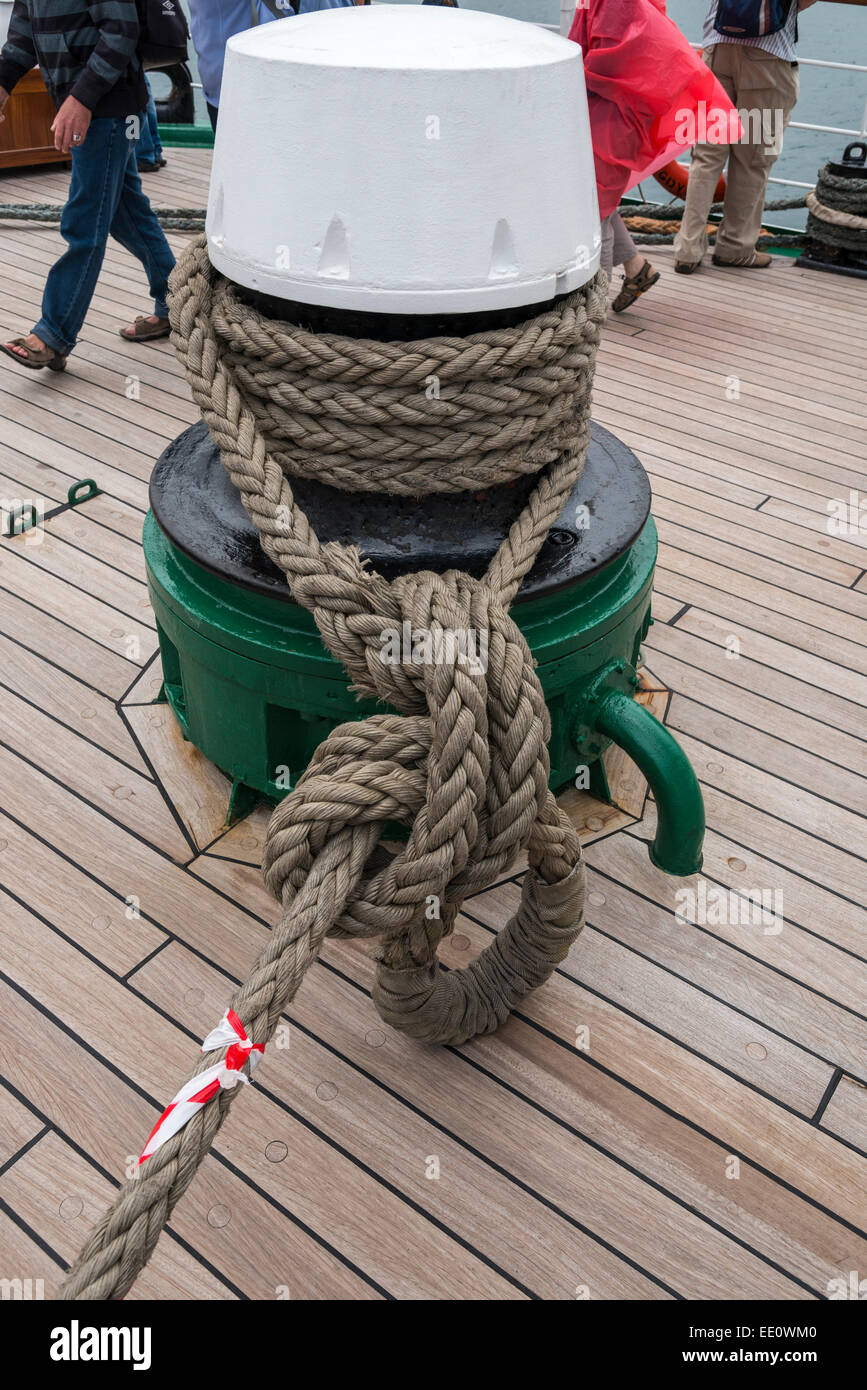 Rope tied to a bollard on the deck of a Tall Ship sailing vessel - EDITORIAL USE ONLY Stock Photo