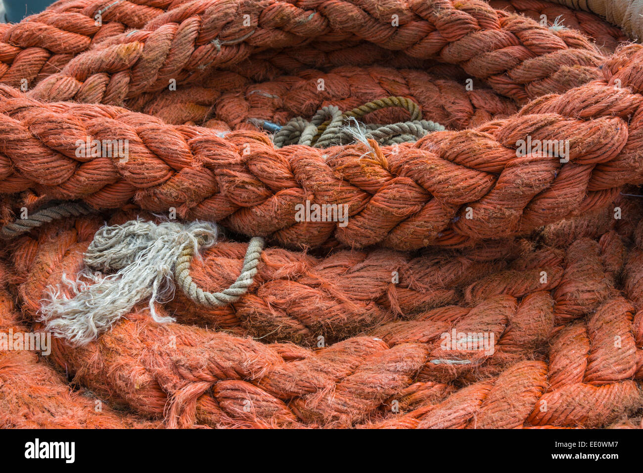 Colored rope on the deck of a Tall Ships sailing vessel. Stock Photo