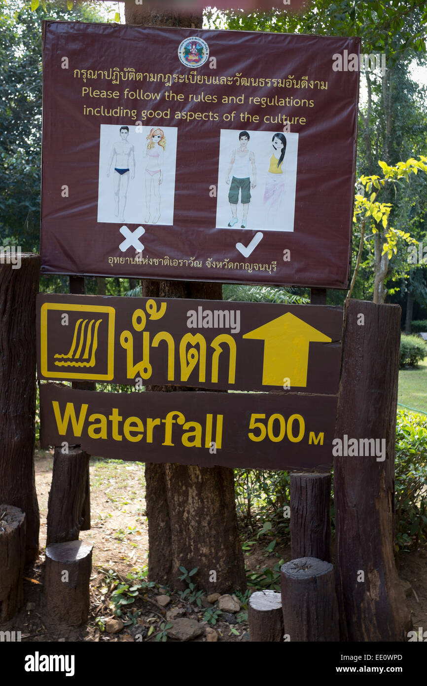 Warning Notice to Visitors at Erawan Waterfall in Kanchanaburi Stock Photo