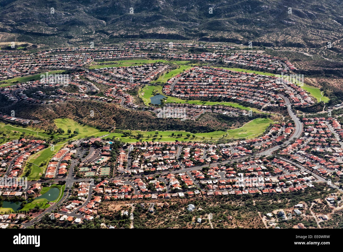 Aerial of neighborhood with golf course, Tucson, Arizona Stock Photo