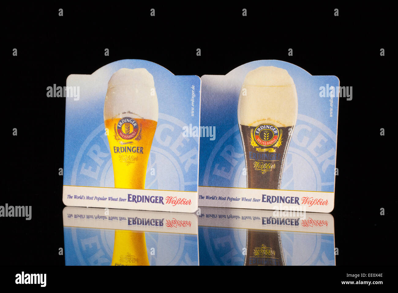 GERMANY,DRESDEN - September 20,2014:Beermats from different Erdinger beers.Erdinger was founded in 1886 by Johann Kienle.It is t Stock Photo
