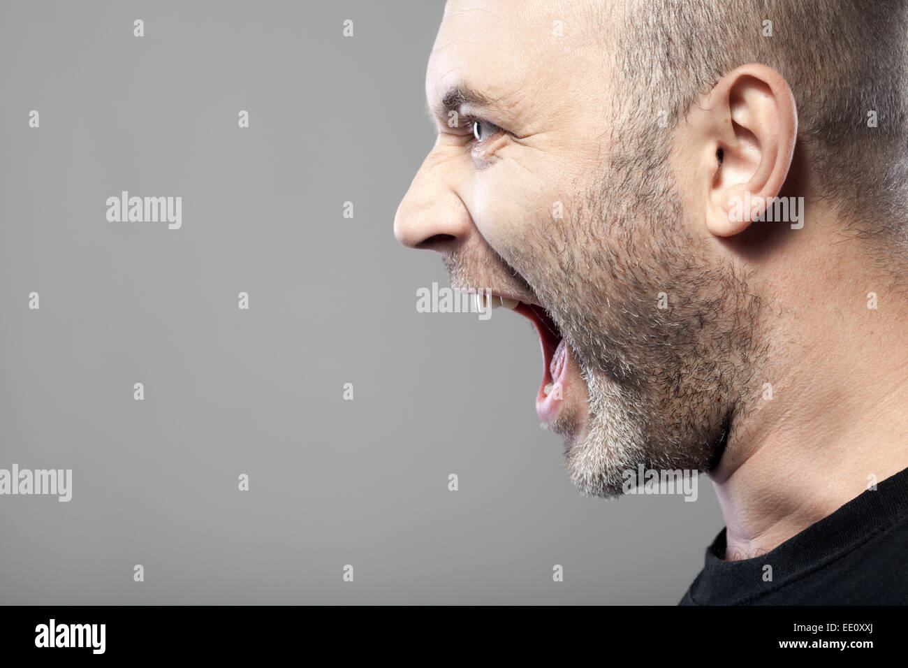 portrait of angry man sreaming isolated on gray background with copyspace Stock Photo