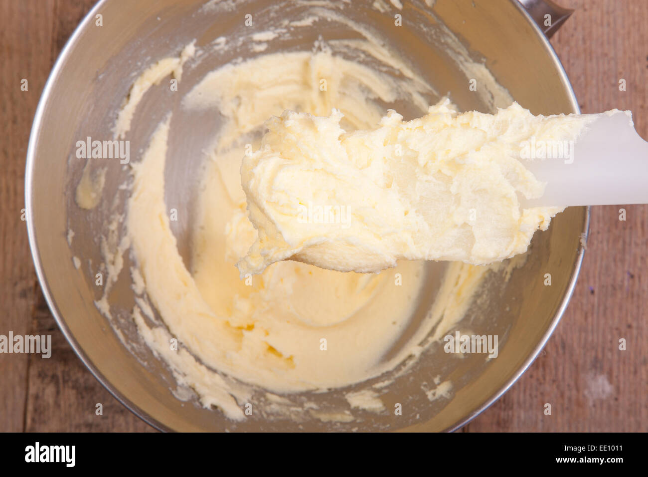 butter and sugar mixed till the soft creamy texture Stock Photo