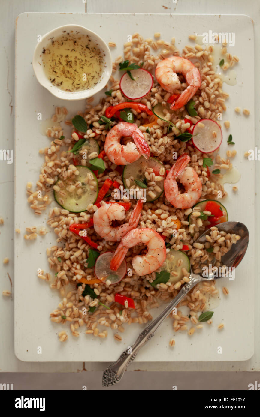 A Farro Salad with Shrimp, Cucumber, Radish and Vinegarette dressing