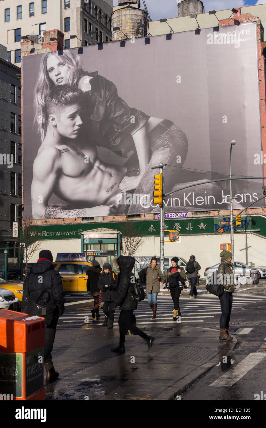A Calvin Klein underwear billboard in the Soho neighborhood of New York  features model/musician Justin Bieber with model Lara Stone on Friday,  January 9, 2015. The ads featuring Bieber, the new face