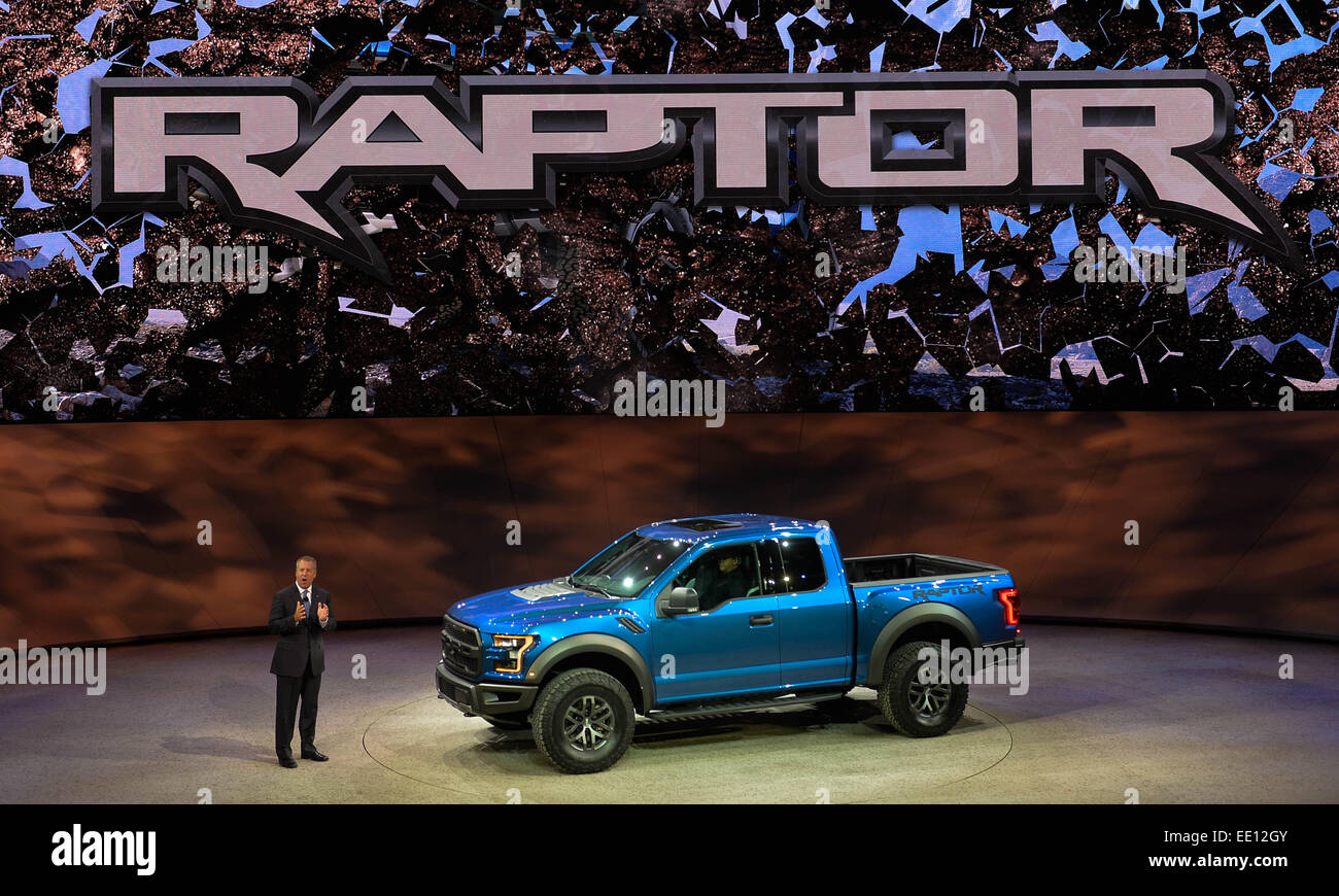 Detroit, USA. 12th Jan, 2015. Ford unveils its all-new F-150 Raptor during a press preview of the 2015 North American International Auto Show (NAIAS) in Detroit, the United States, Jan. 12, 2015. Credit:  Bao Dandan/Xinhua/Alamy Live News Stock Photo