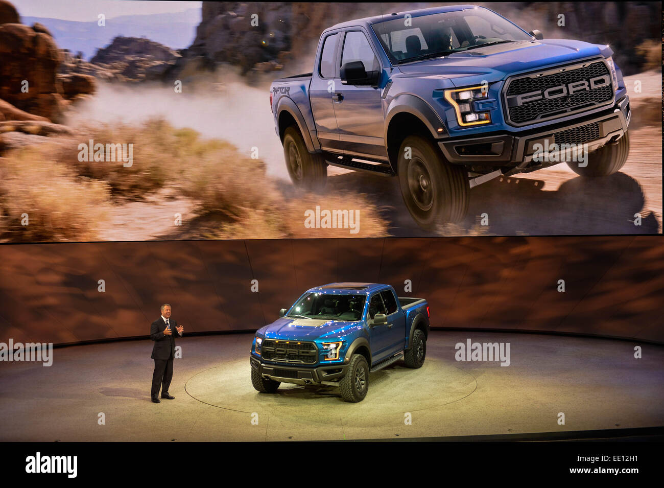 Detroit, USA. 12th Jan, 2015. Ford unveils its all-new F-150 Raptor during a press preview of the 2015 North American International Auto Show (NAIAS) in Detroit, the United States, Jan. 12, 2015. Credit:  Bao Dandan/Xinhua/Alamy Live News Stock Photo
