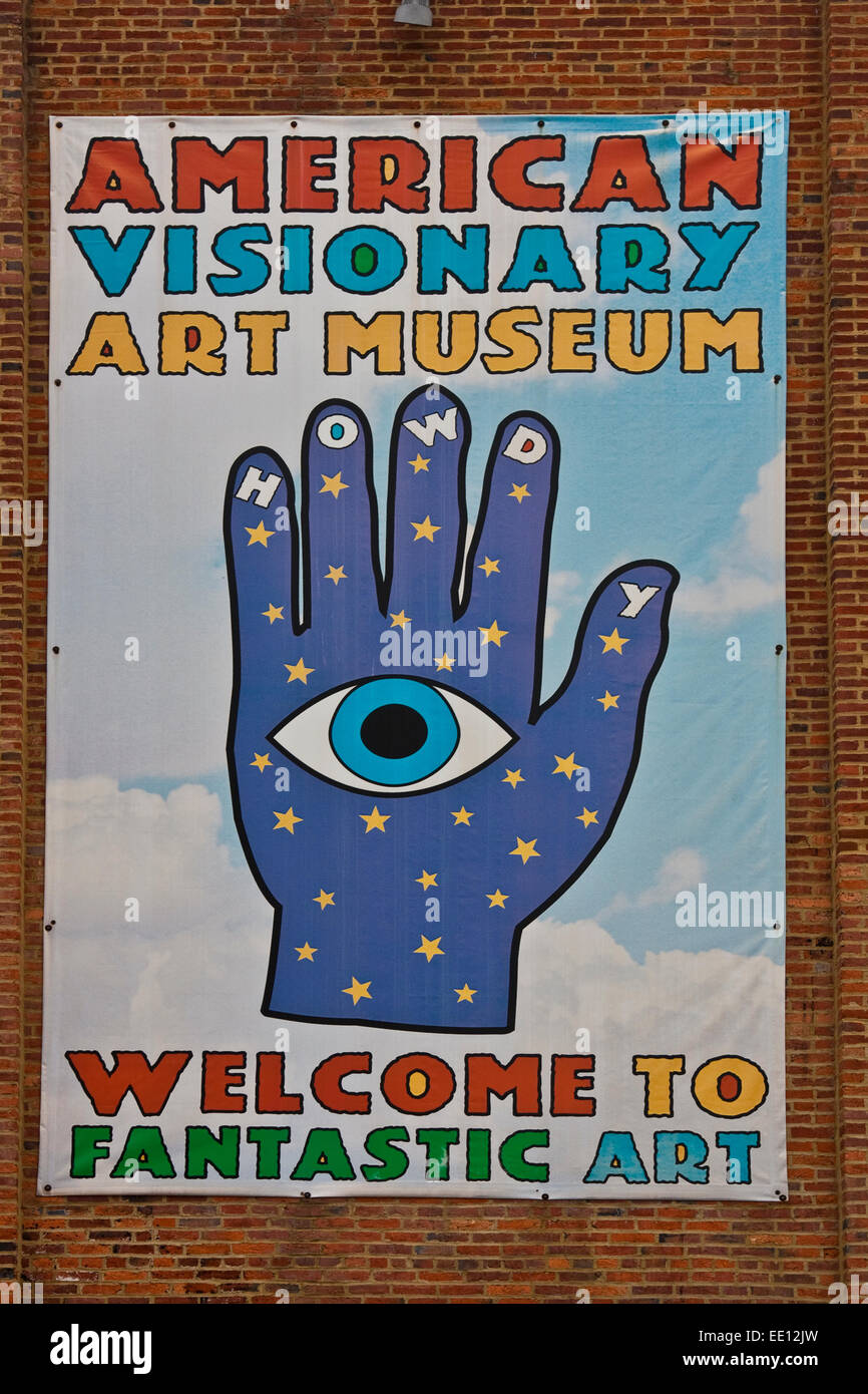 American Visionary Art Museum, Baltimore, Maryland, welcome poster, flag, at the entrance of the American Visionary Art Museum, Stock Photo