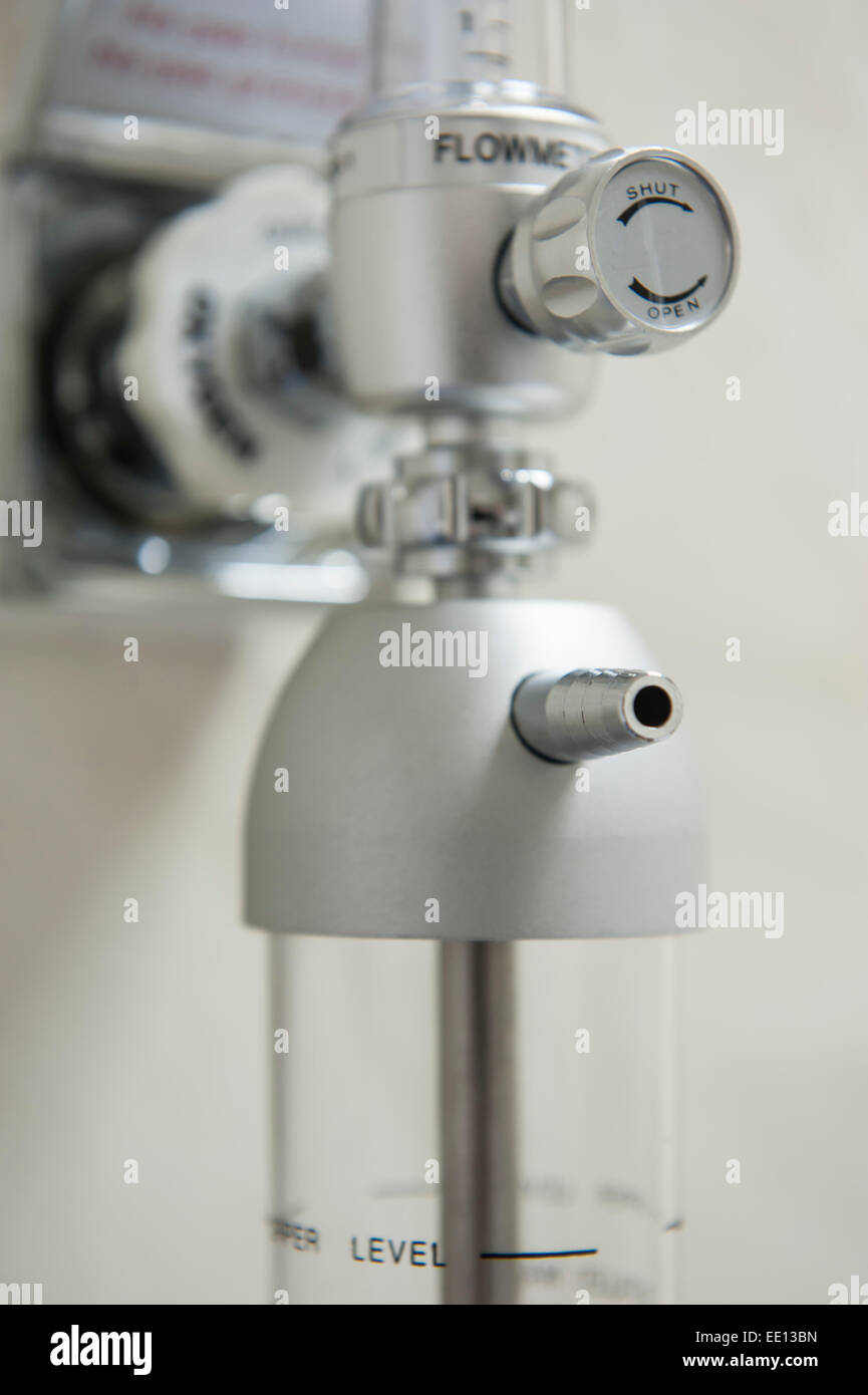 Closeup detail of an oxygen flowmeter gauge with nozzle in medical