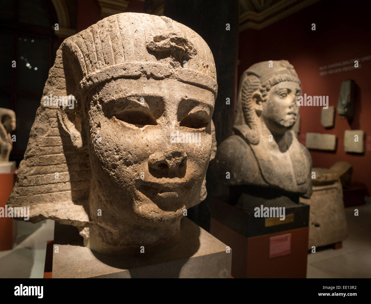 Egyptian Sphinx Carvings. Stone sculptures of pharaohs heads on display