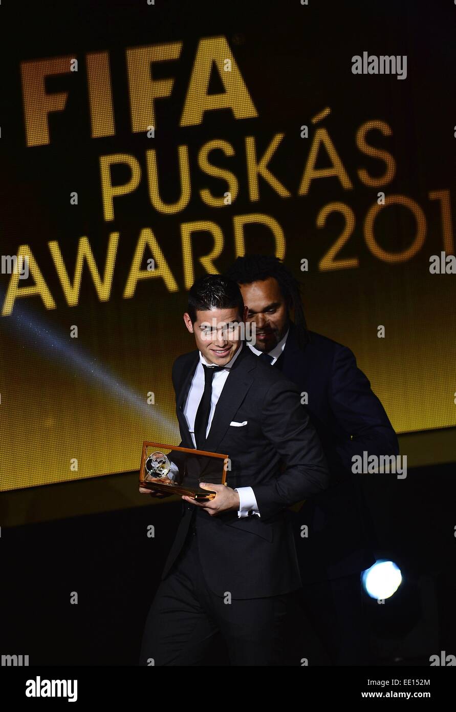 Zurich, Switzerland. 12th Jan, 2015. Puskas Award - The Winner for the 2014 Puskas Award JAMES RODRIGUEZ (Colombia) poses with the trophy of Puskas Award 2014. Credit:  Marcio Machado/ZUMA Wire/Alamy Live News Stock Photo