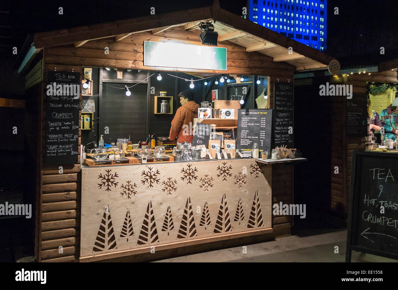 Stall selling teas at the traditional festive outdoor Southbank Centre