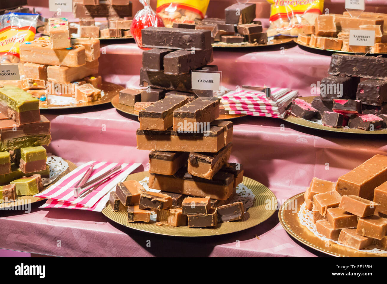 Display of delicious chocolate fudge on a stall at Southbank Centre