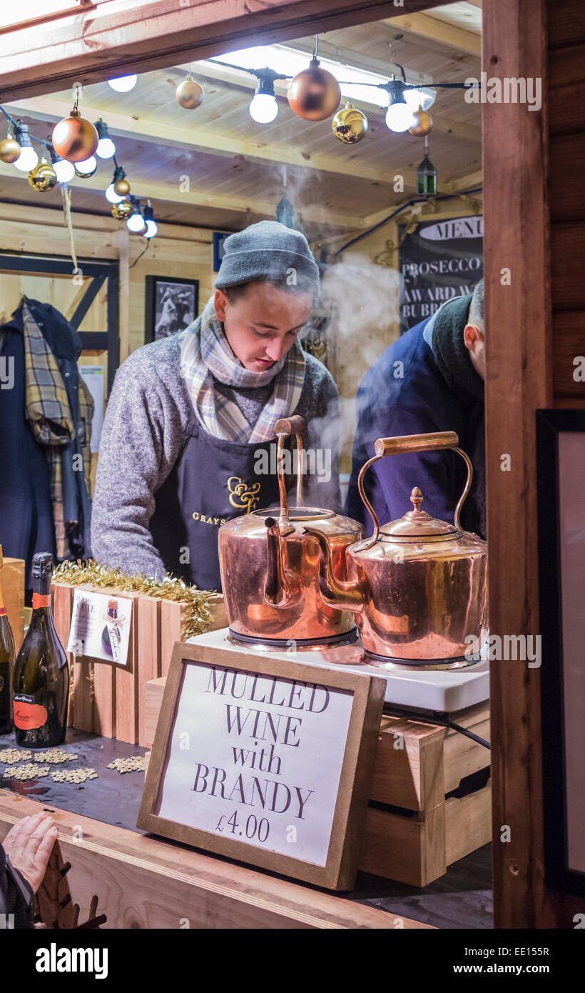 Stall selling steaming mulled wine with brandy at the Southbank Centre