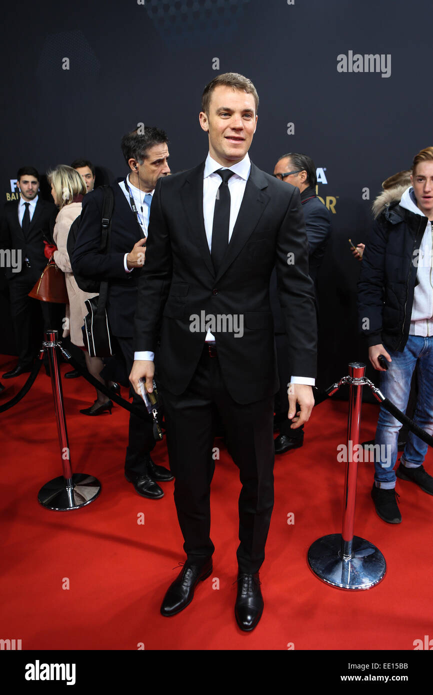 Zurich, Switzerland. 12th Jan, 2015. German player Manuel Neuer poses on the red carpet ahead of the 2014 FIFA Ballon d'Or award ceremony in Zurich, Switzerland, Jan. 12, 2015. Credit:  Zhang Fan/Xinhua/Alamy Live News Stock Photo