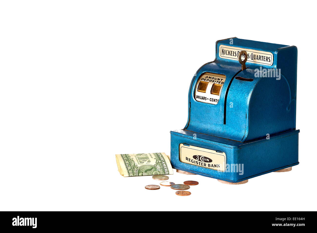 Vintage register bank with US currency Stock Photo