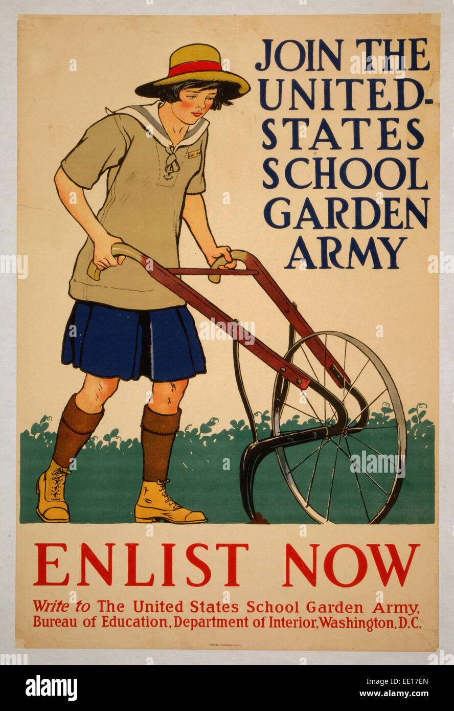 Join the United States school garden army - Enlist now.  Poster showing a girl plowing. USA Home Front, World War I, 1918 Stock Photo
