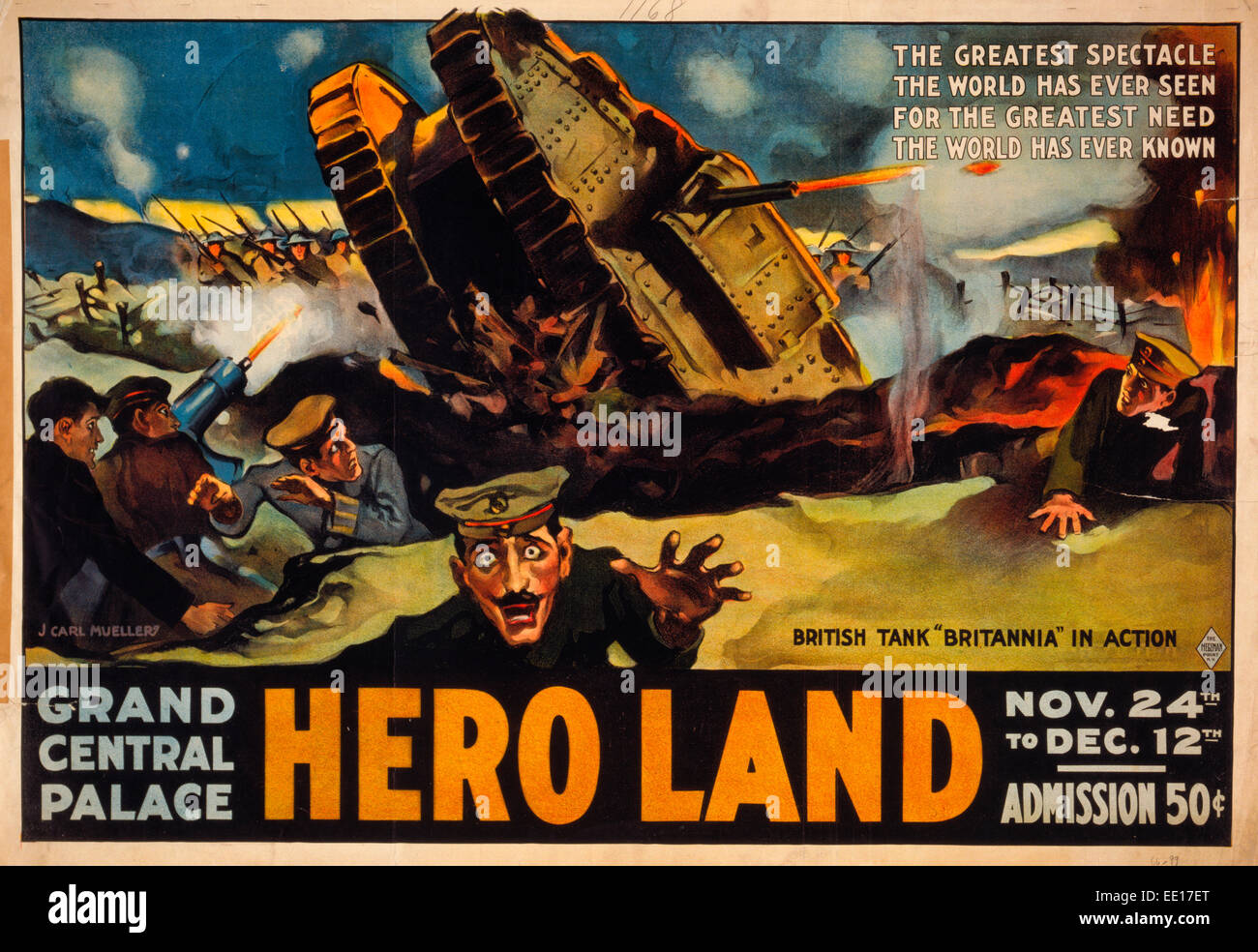 Title: Hero land The greatest spectacle the world has ever seen for the greatest need the world has ever known. Poster for a fundraising event, showing a battle scene with a tank, circa 1917 Stock Photo