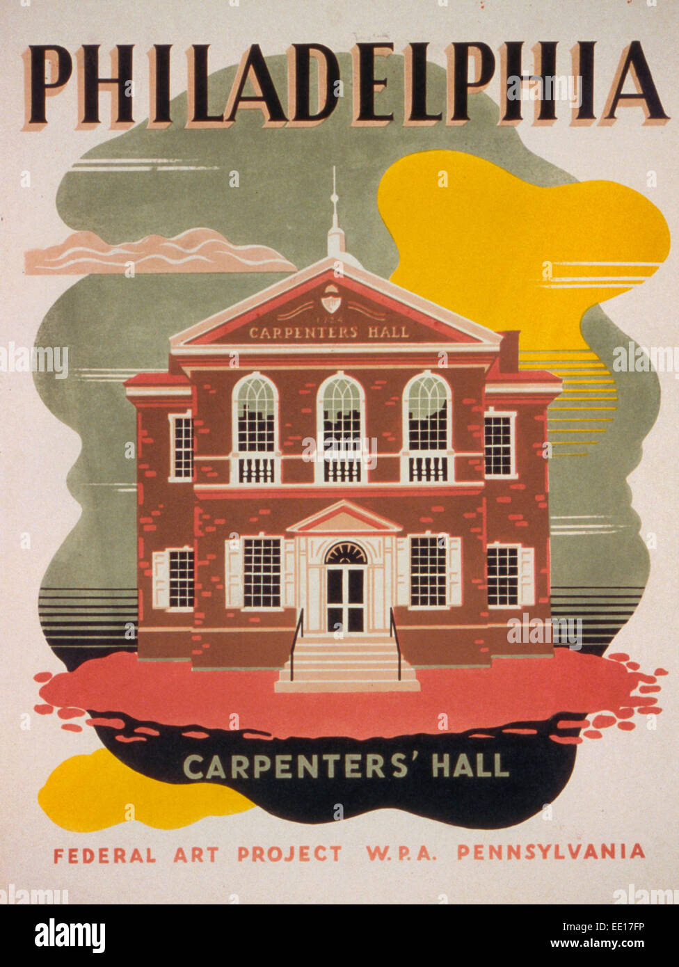 Philadelphia - Carpenters' Hall.  Poster promoting tourism, showing Carpenters' Hall in Philadelphia, Pennsylvania, circa 1938 Stock Photo