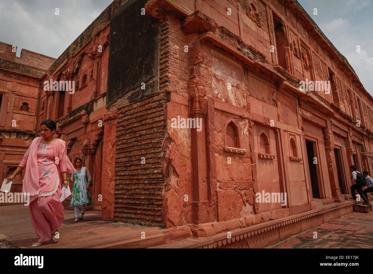 Women at Akbari Mahal inside Agra Red Fort complex. Stock Photo