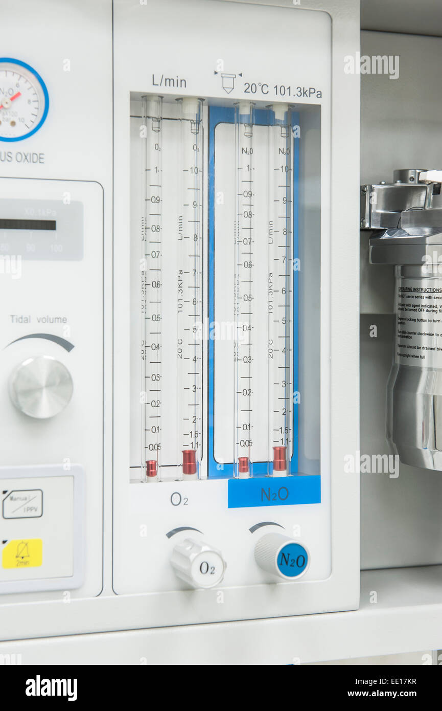 Closeup detail of flowmeter gauge on medical hitech anesthetic