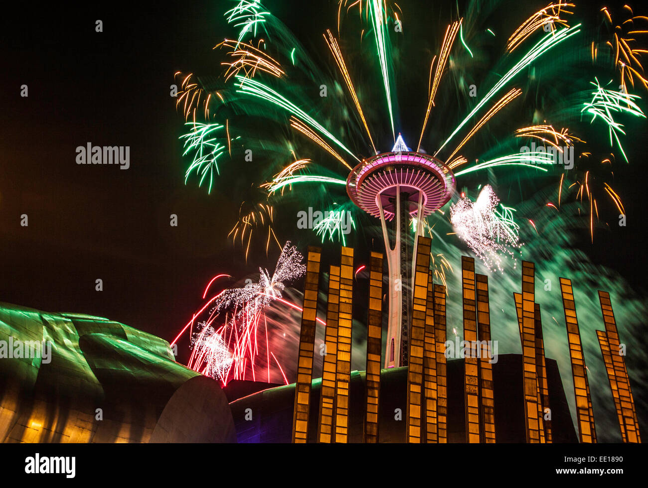 Space Needle in Seattle explodes with fireworks at New Year celebration