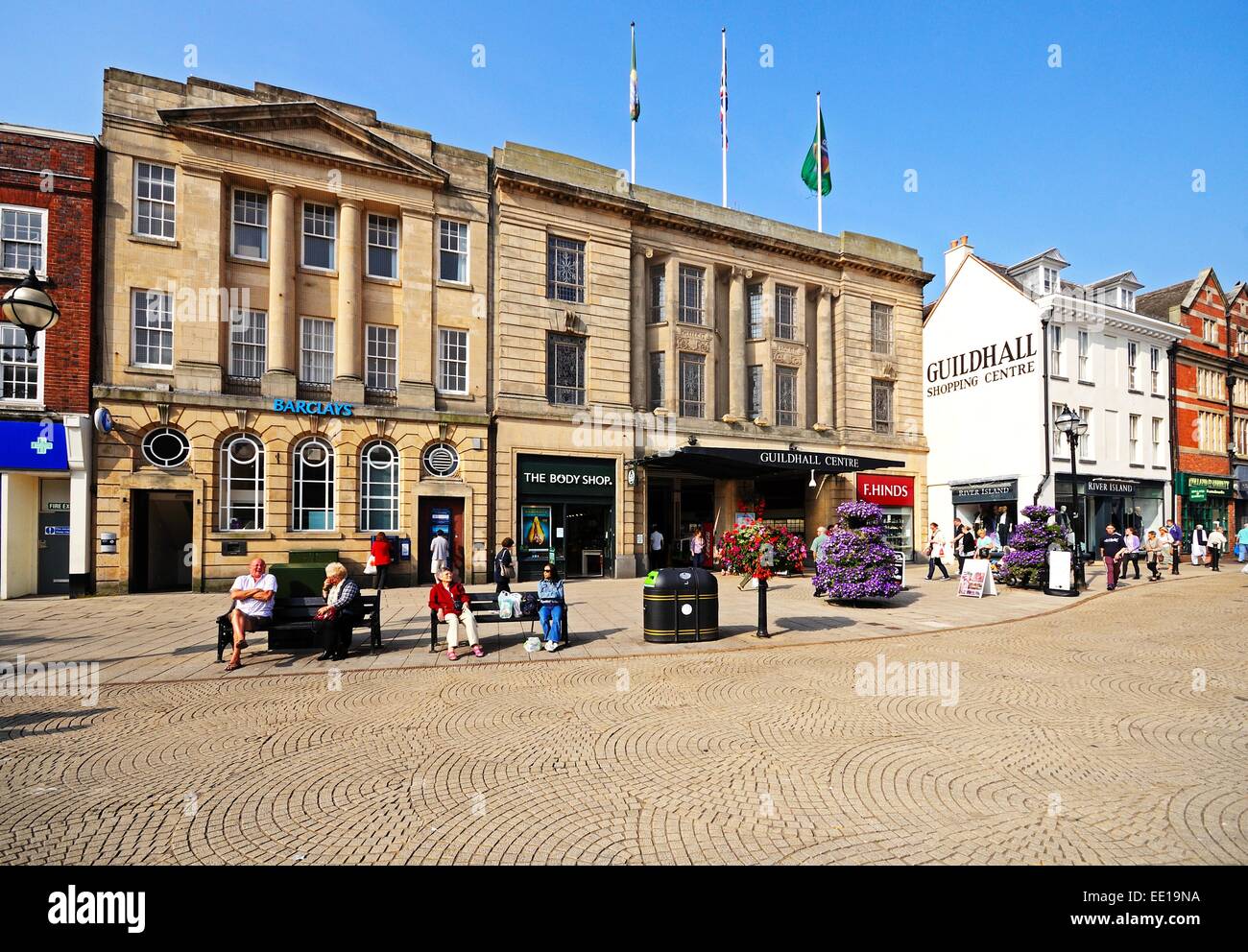 Barclays Bank and the Guildhall Centre in Market Square, Stafford, Staffordshire, England, UK, Western Europe. Stock Photo