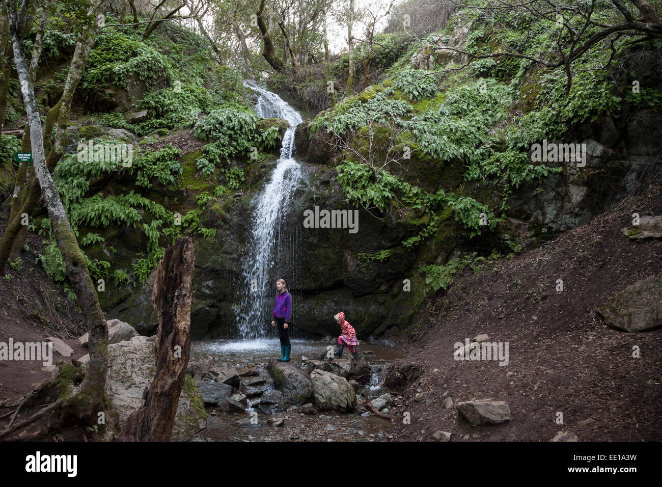 Girls enjoying nature at the Arroyo de San Jose Waterfall, Novato, California, USA Stock Photo