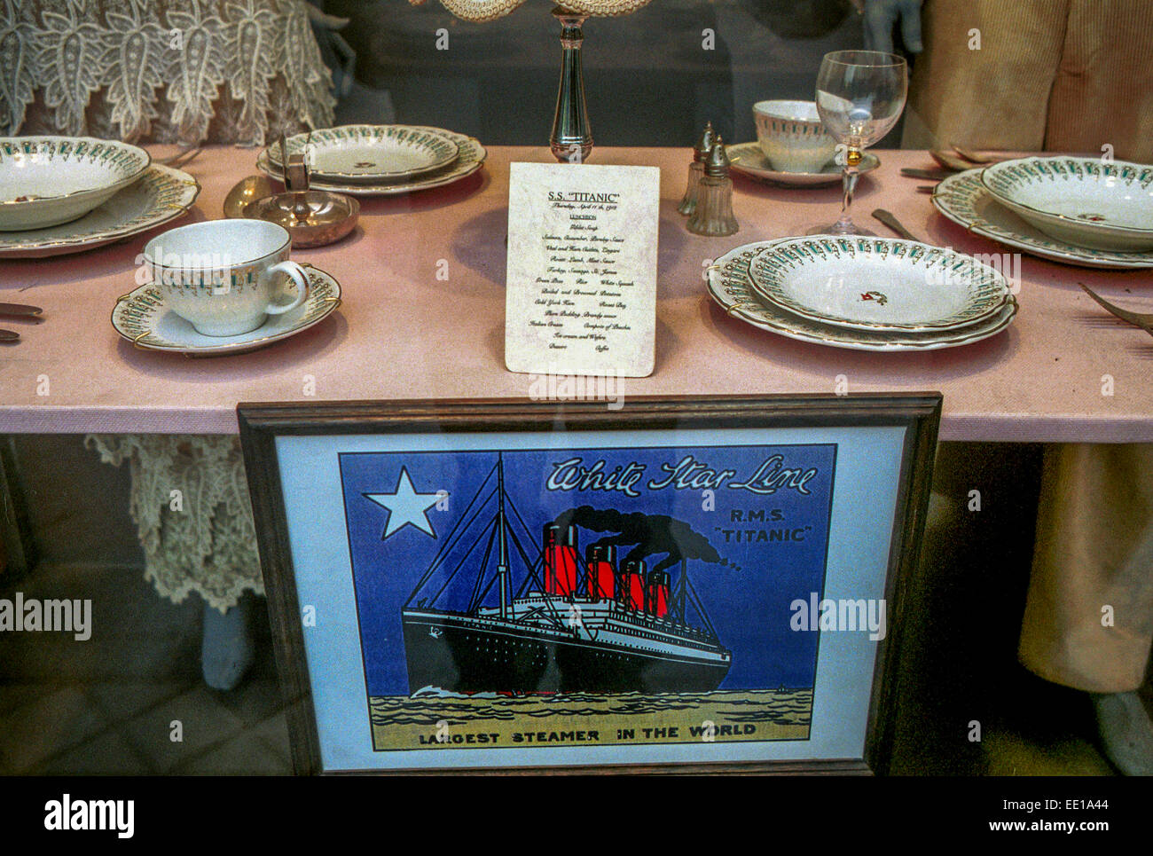 Titanic plate, Kitchen dishes from sunken The Titanic ship. White Star Line, Exposed in the shop window, street of Madrid, Spain Stock Photo