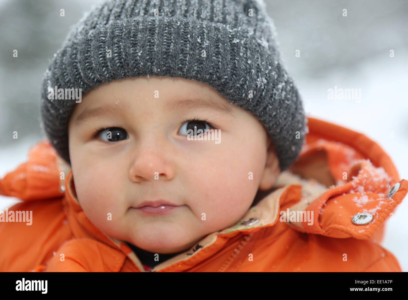 Portrait of baby boy with snow and cap in winter looking into camera