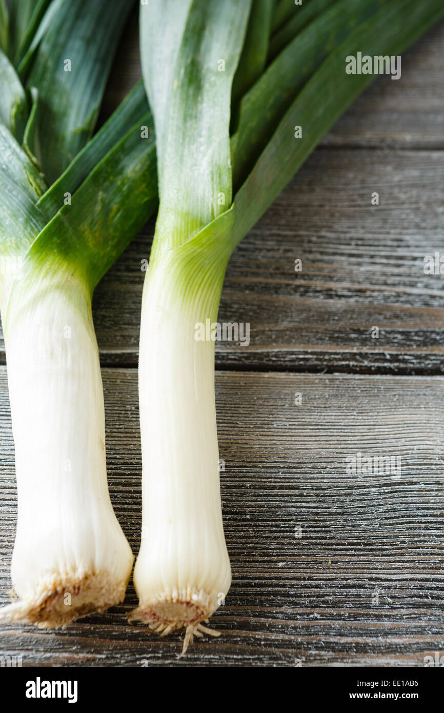 Leeks on the boards, vegetable Stock Photo