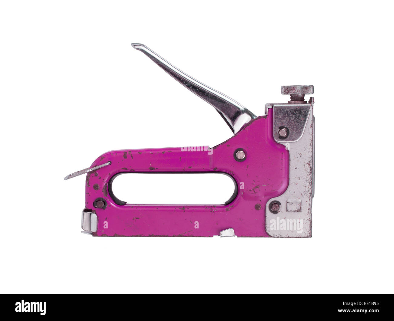 Construction hand-held stapler, isolated on white background, pink Stock Photo