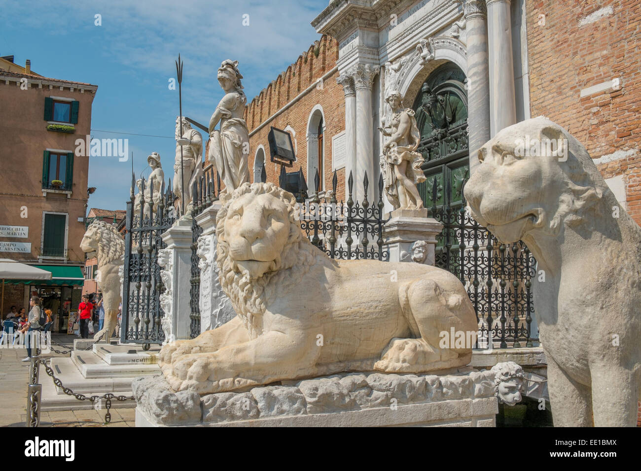 Lion sculptures at the main entrance, Venetian Arsenal, Castello district, Venice, Veneto Region, Italy Stock Photo