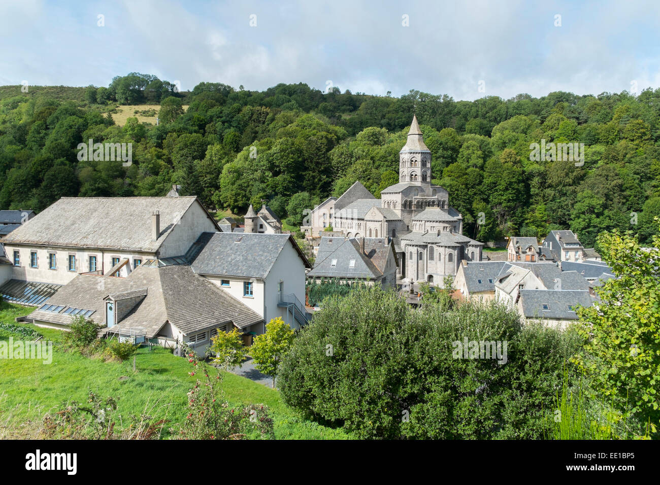 Notre Dame Basilica, built between 1146 and 1178, typical Romanesque church of the Auvergne region, Puy de Dome, Auvergne Stock Photo