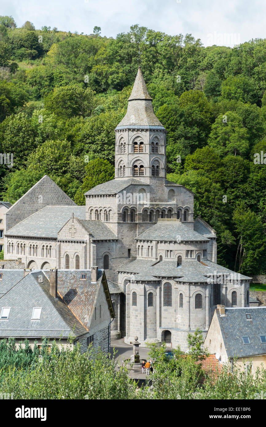 Notre Dame Basilica, built between 1146 and 1178, typical Romanesque church of the Auvergne region, Puy de Dome, Auvergne Stock Photo
