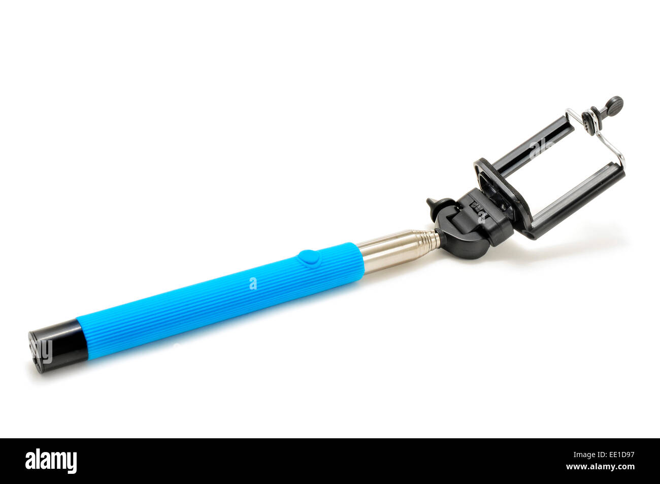 an extensible selfie stick with an adjustable clamp on the end on a white background Stock Photo