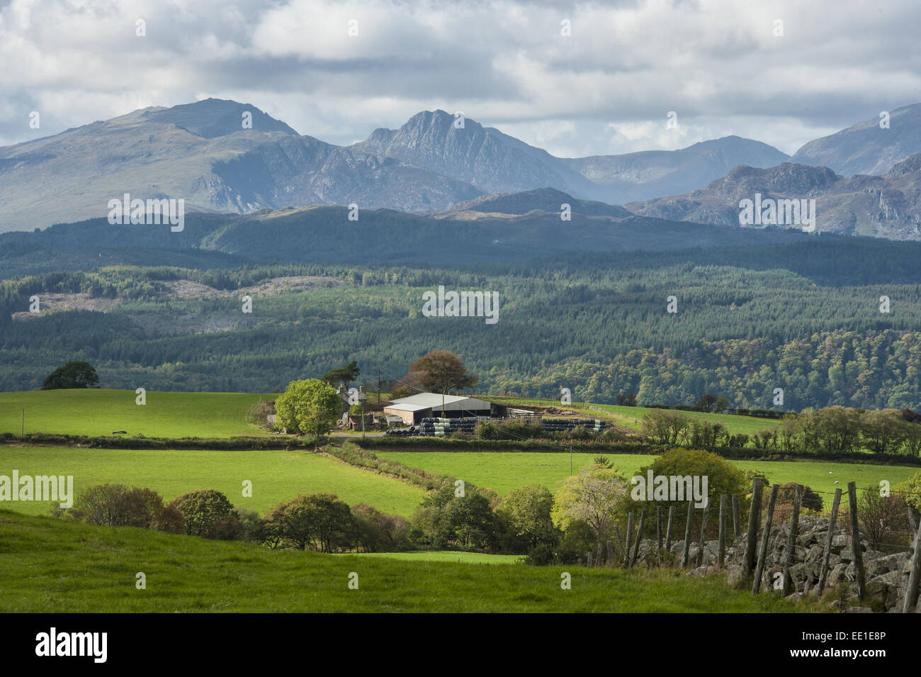 View of farmland and farm buildings, looking towards Snowdonia N.P